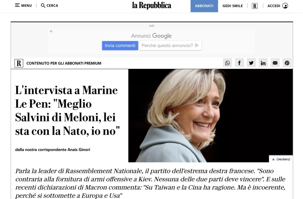 Article de La Republica sur LePen
